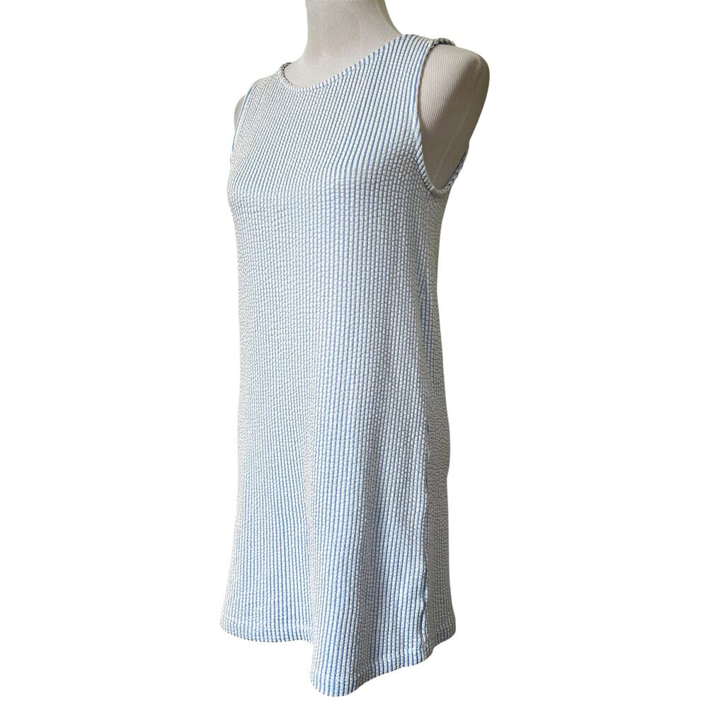Women’s Seersucker Mini Dress Blue & White Sleeveless Cotton Blend Stretch Sz M - Picture 2 of 8